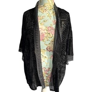 Nostalgia Black Velvet Burnout Lace Trim Kimono Cardigan Duster sz M Whimsigoth